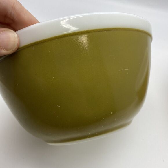 Vtg Pyrex Americana Brown 2 Mixing Bowls 401 402 Gold Olive Green White Rim - Picture 7 of 10